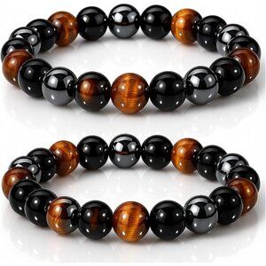 Black Obsidian Hematite Tiger Eye Beaded Bracelet Set 10mm Natural Stone Men
